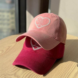 韓版新款愛心粉色刺綉棒球帽女復古水洗軟頂鴨舌帽男遮陽防曬帽潮