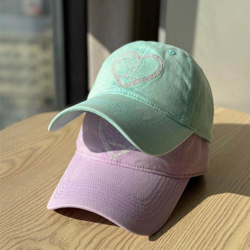 韓版新款愛心粉色刺綉棒球帽女復古水洗軟頂鴨舌帽男遮陽防曬帽潮