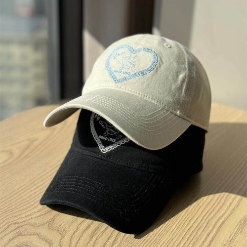 韓版新款愛心粉色刺綉棒球帽女復古水洗軟頂鴨舌帽男遮陽防曬帽潮