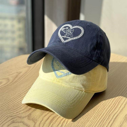 韓版新款愛心粉色刺綉棒球帽女復古水洗軟頂鴨舌帽男遮陽防曬帽潮