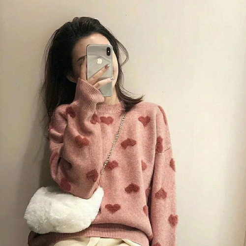 2022年超好看浣熊絨粉色愛心毛衣女秋冬季設計感小衆加厚通勤風 2022年超好看浣熊絨粉色愛心毛衣女秋冬季設計感小衆加厚通勤風