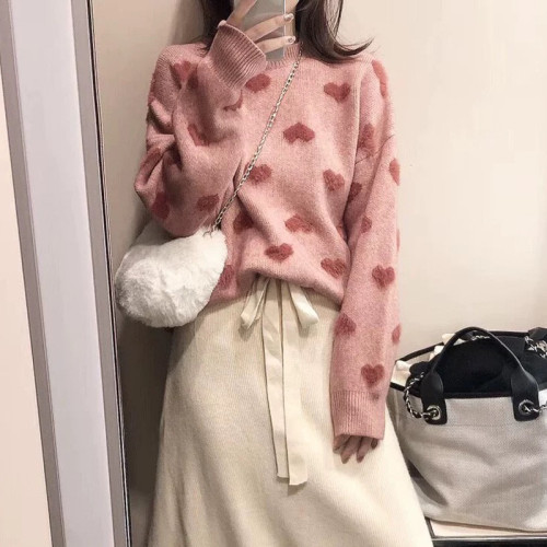 2022年超好看浣熊絨粉色愛心毛衣女秋冬季設計感小衆加厚通勤風 2022年超好看浣熊絨粉色愛心毛衣女秋冬季設計感小衆加厚通勤風