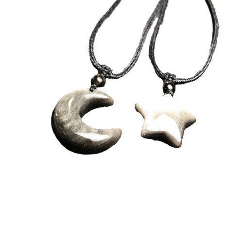天然銀曜石星月情侶簡約時尚黑曜石伸縮項鍊吊墜