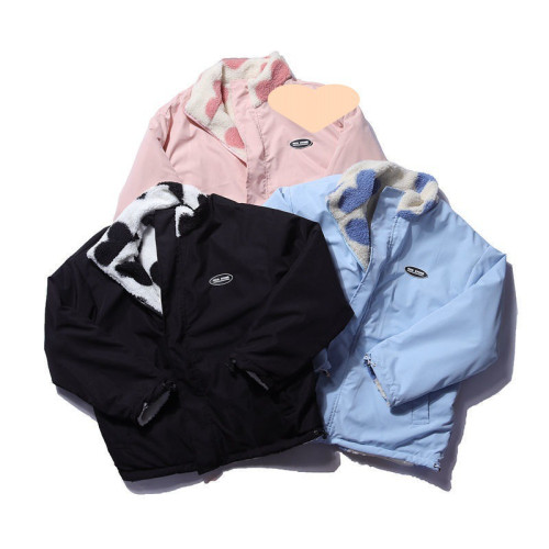 秋冬愛心羊羔毛絨外套男女潮牌ins小衆情侶裝立領棉衣兩面穿棉服