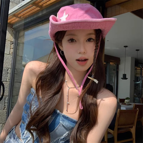粉色西部牛仔帽子女春夏季辣妹復古戶外露營大帽簷遮陽防曬登山帽