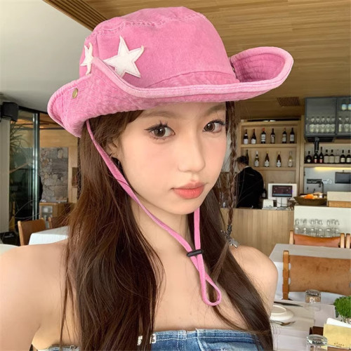 粉色西部牛仔帽子女春夏季辣妹復古戶外露營大帽簷遮陽防曬登山帽
