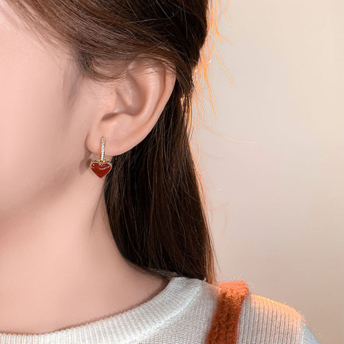雙面天然貝殼紅色愛心耳釦女氣質耳墜耳環復古小衆設計高級感耳飾