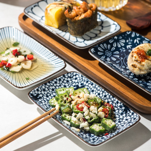 日式陶瓷長方碟四盤裝餐具套裝家用釉下彩創意壽司碟點心盤小吃碟