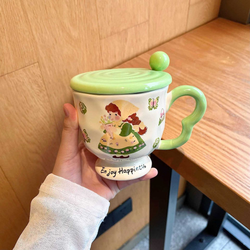 馬克杯帶蓋勺高顔值陶瓷杯子小衆高腳杯情侶款水杯家用咖啡早餐杯