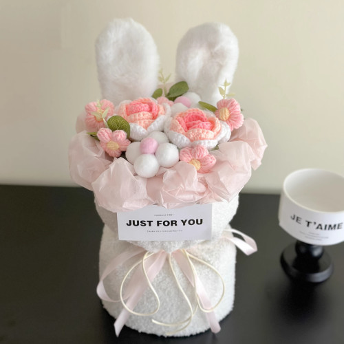 毛絨兔耳花束編織毛線仿真玫瑰訂婚手棒花女友老師生日情人節禮物