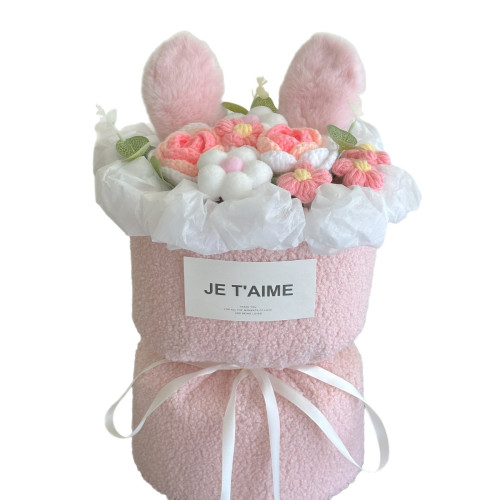 毛絨兔耳花束編織毛線仿真玫瑰訂婚手棒花女友老師生日情人節禮物