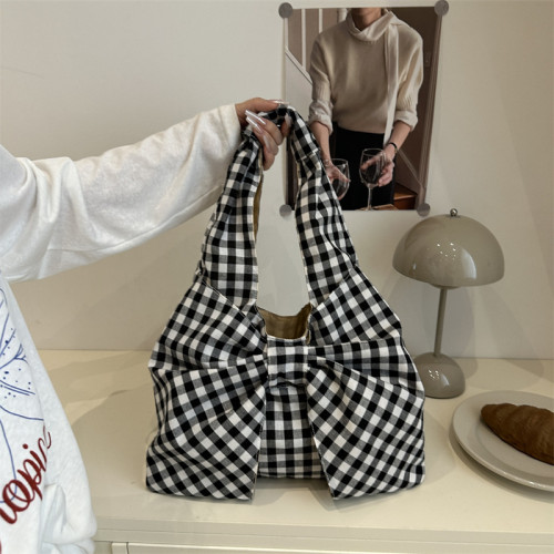 夏季韓風復古格子背心包大容量單肩包輕便購物袋百搭帆布包女學生