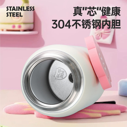 高顔值簡約愛心不鏽鋼保溫杯一鍵開蓋吸琯杯迷你小巧可攜式隨行杯