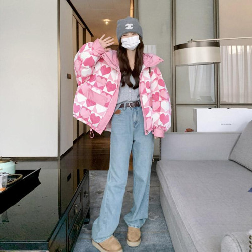 粉色愛心印花鴨絨羽絨服女冬款韓系甜美小個子麵包服外套