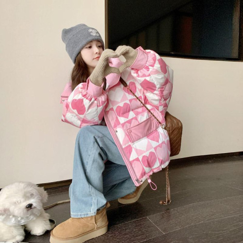 粉色愛心印花鴨絨羽絨服女冬款韓系甜美小個子麵包服外套