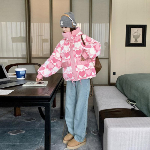 粉色愛心印花鴨絨羽絨服女冬款韓系甜美小個子麵包服外套