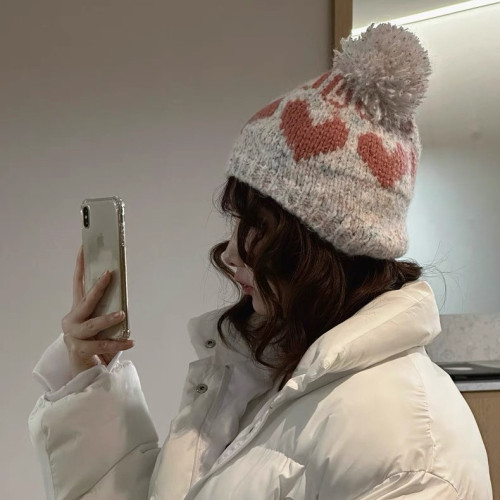 韓系復古費爾島風甜美愛心毛球針織帽女秋冬騎行保暖防風毛線帽子 韓系復古費爾島風甜美愛心毛球針織帽女秋冬騎行保暖防風毛線帽子
