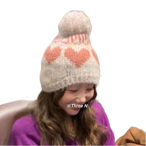 韓系復古費爾島風甜美愛心毛球針織帽女秋冬騎行保暖防風毛線帽子 韓系復古費爾島風甜美愛心毛球針織帽女秋冬騎行保暖防風毛線帽子