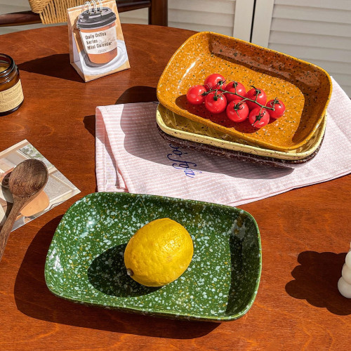 韓式彩色潑墨盤子方形烤盤陶瓷備菜盤托盤早餐盤深盤高顔值蛋糕盤