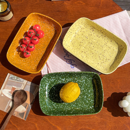 韓式彩色潑墨盤子方形烤盤陶瓷備菜盤托盤早餐盤深盤高顔值蛋糕盤