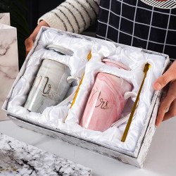 大理石紋馬克杯陶瓷杯禮盒裝咖啡杯情侶對杯創意帶蓋勺水杯