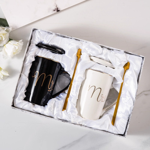 大理石紋馬克杯陶瓷杯禮盒裝咖啡杯情侶對杯創意帶蓋勺水杯