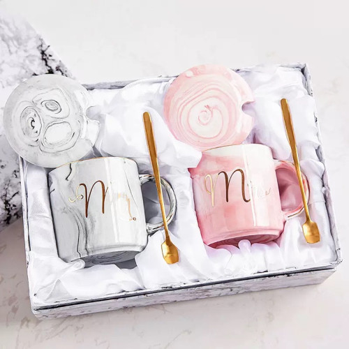 大理石紋馬克杯陶瓷杯禮盒裝咖啡杯情侶對杯創意帶蓋勺水杯