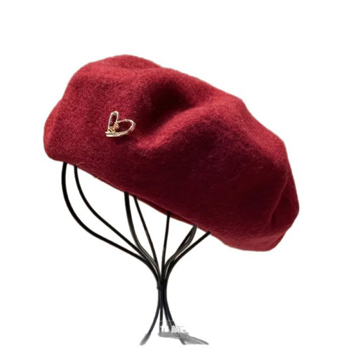 春秋新款帽子女高級感愛心金屬標保暖毛呢貝雷帽顯臉小甜美南瓜帽