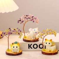 好運貓貓水晶發財樹甜甜小貓天然水晶原石擴香石工位擺件創意禮品