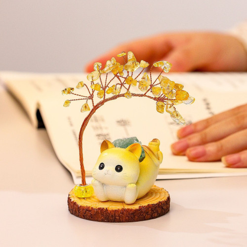 好運貓貓水晶發財樹甜甜小貓天然水晶原石擴香石工位擺件創意禮品