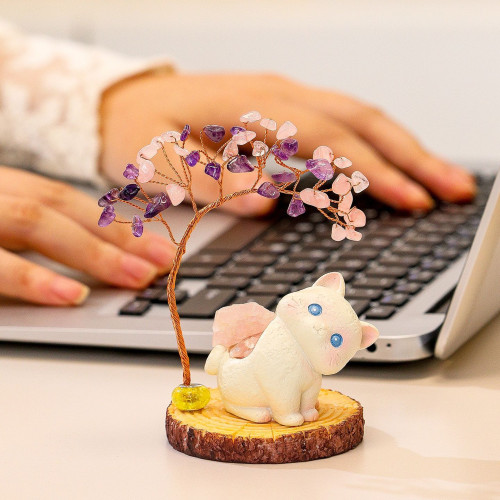 好運貓貓水晶發財樹甜甜小貓天然水晶原石擴香石工位擺件創意禮品