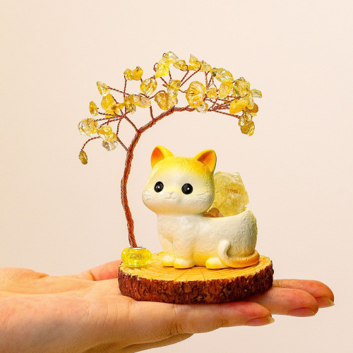 好運貓貓水晶發財樹甜甜小貓天然水晶原石擴香石工位擺件創意禮品