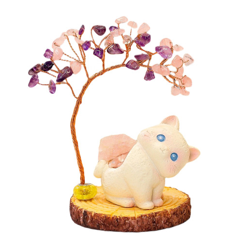 好運貓貓水晶發財樹甜甜小貓天然水晶原石擴香石工位擺件創意禮品