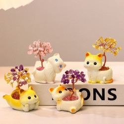 貓貓水晶原石黃紫水晶樹辦公桌面擺件汽車裝飾卡通可愛好運禮物禮