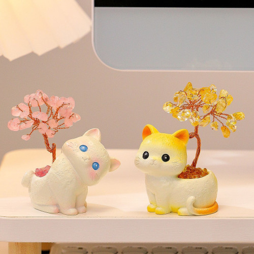 貓貓水晶原石黃紫水晶樹辦公桌面擺件汽車裝飾卡通可愛好運禮物禮