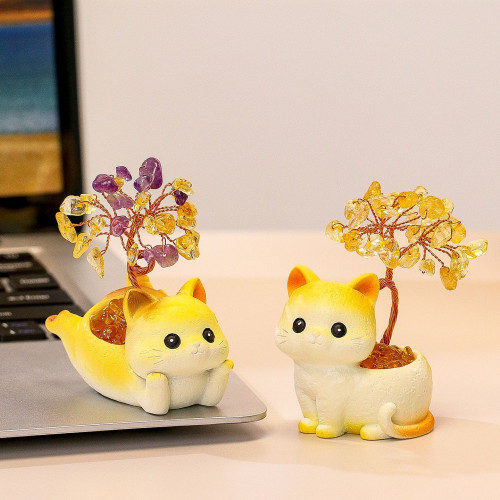 貓貓水晶原石黃紫水晶樹辦公桌面擺件汽車裝飾卡通可愛好運禮物禮