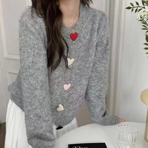 秋冬新韓版簡約圓領毛衣女外套彩色釦百搭寬鬆軟糯針織衫上衣