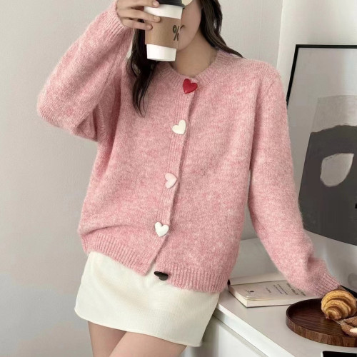 秋冬新韓版簡約圓領毛衣女外套彩色釦百搭寬鬆軟糯針織衫上衣