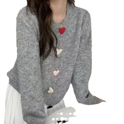 秋冬新韓版簡約圓領毛衣女外套彩色釦百搭寬鬆軟糯針織衫上衣