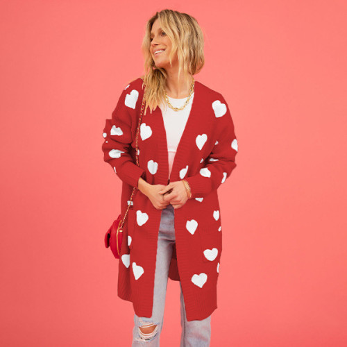 2025歐美新款情人節愛心針織開衫愛心口袋V領中長款外套 女