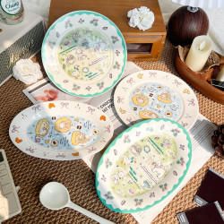 可愛童趣治瘉風小羊貓咪插畫陶瓷餐盤水果早餐盤橢圓盤好看的盤子