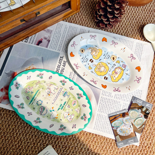 可愛童趣治瘉風小羊貓咪插畫陶瓷餐盤水果早餐盤橢圓盤好看的盤子