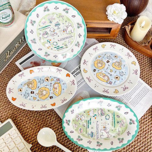 可愛童趣治瘉風小羊貓咪插畫陶瓷餐盤水果早餐盤橢圓盤好看的盤子