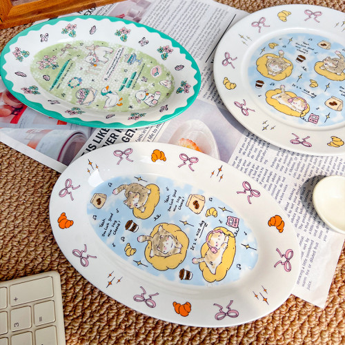 可愛童趣治瘉風小羊貓咪插畫陶瓷餐盤水果早餐盤橢圓盤好看的盤子