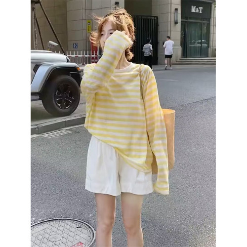 撞色條紋薄紗防曬衣罩衫女夏季2026新款休閒寬鬆薄款長袖t恤上衣