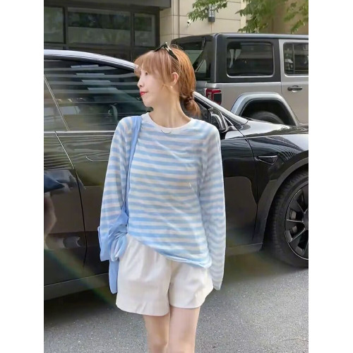 撞色條紋薄紗防曬衣罩衫女夏季2026新款休閒寬鬆薄款長袖t恤上衣