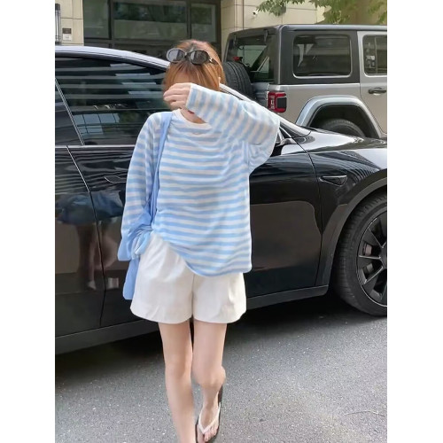撞色條紋薄紗防曬衣罩衫女夏季2026新款休閒寬鬆薄款長袖t恤上衣