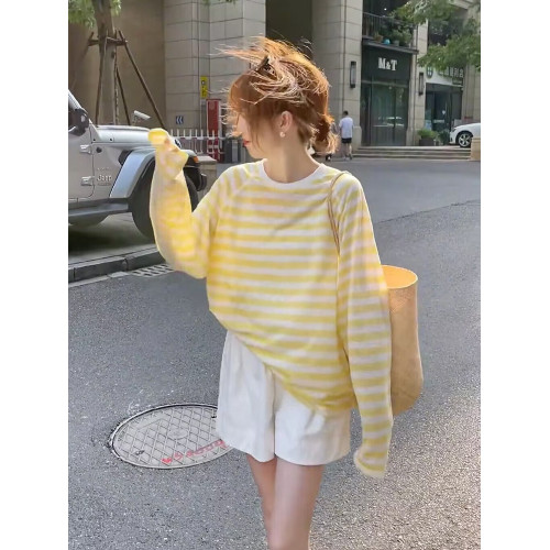 撞色條紋薄紗防曬衣罩衫女夏季2026新款休閒寬鬆薄款長袖t恤上衣