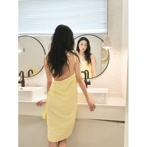 法式四層棉紗純棉浴巾裙吊帶裙吸水親膚睡裙肩帶可調浴裙睡衣露背