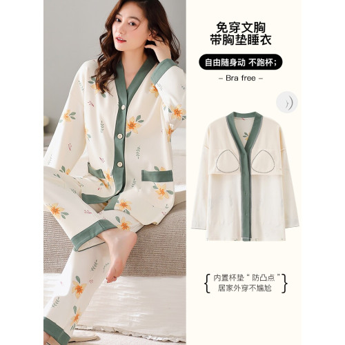 超大號長袖睡衣女200斤6XL胖MM免穿文胸有胸墊純棉加肥家居服秋季